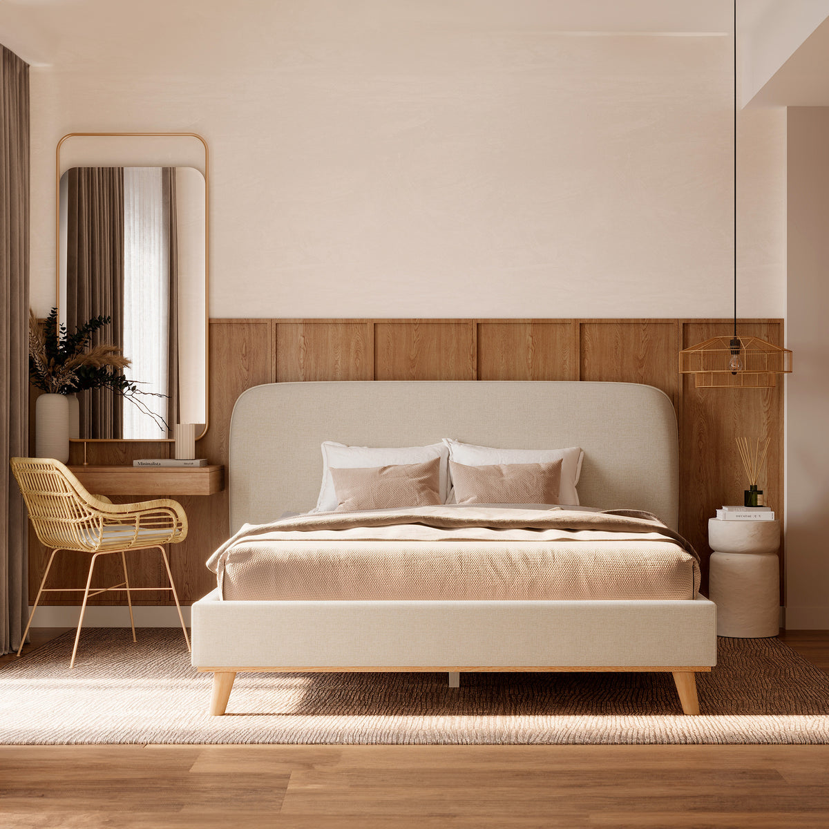 modjo lit double tissu gris beige pieds bois