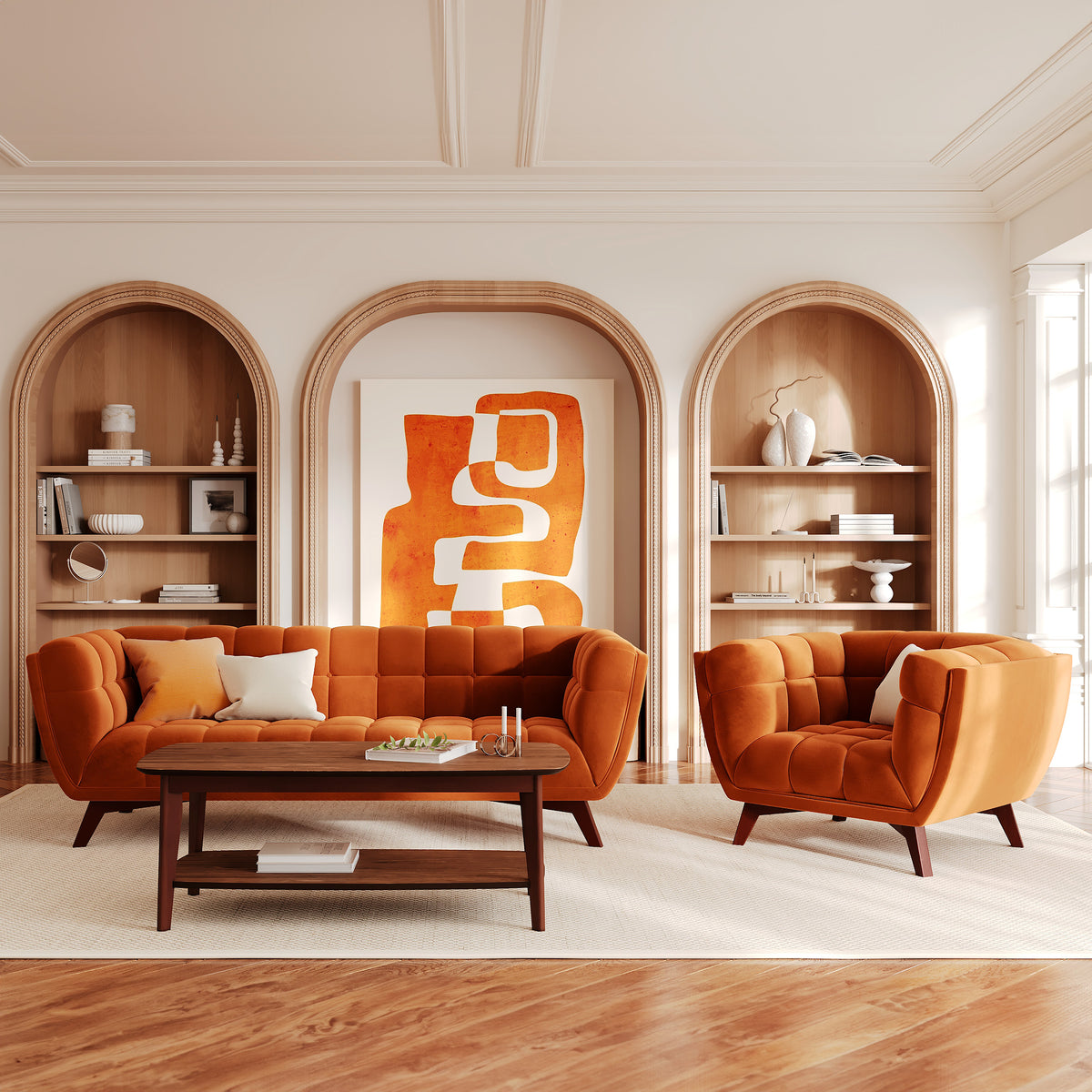 mona canape 3 personnes velours orange terracotta