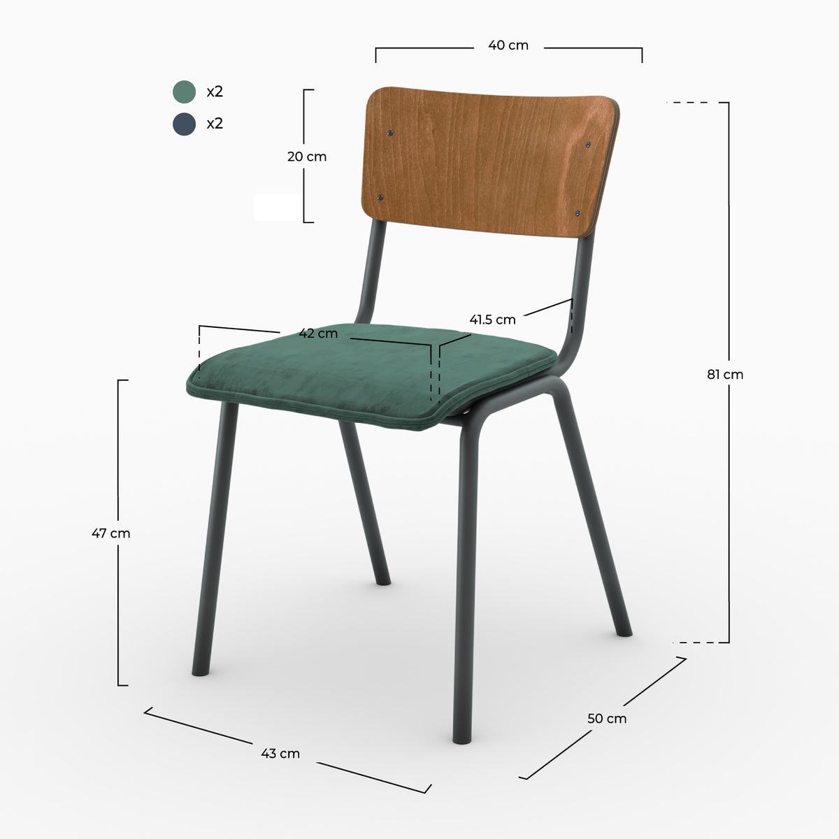 Pack 4 chaises Nico velours bleu vert dimensions – Maison Pavane