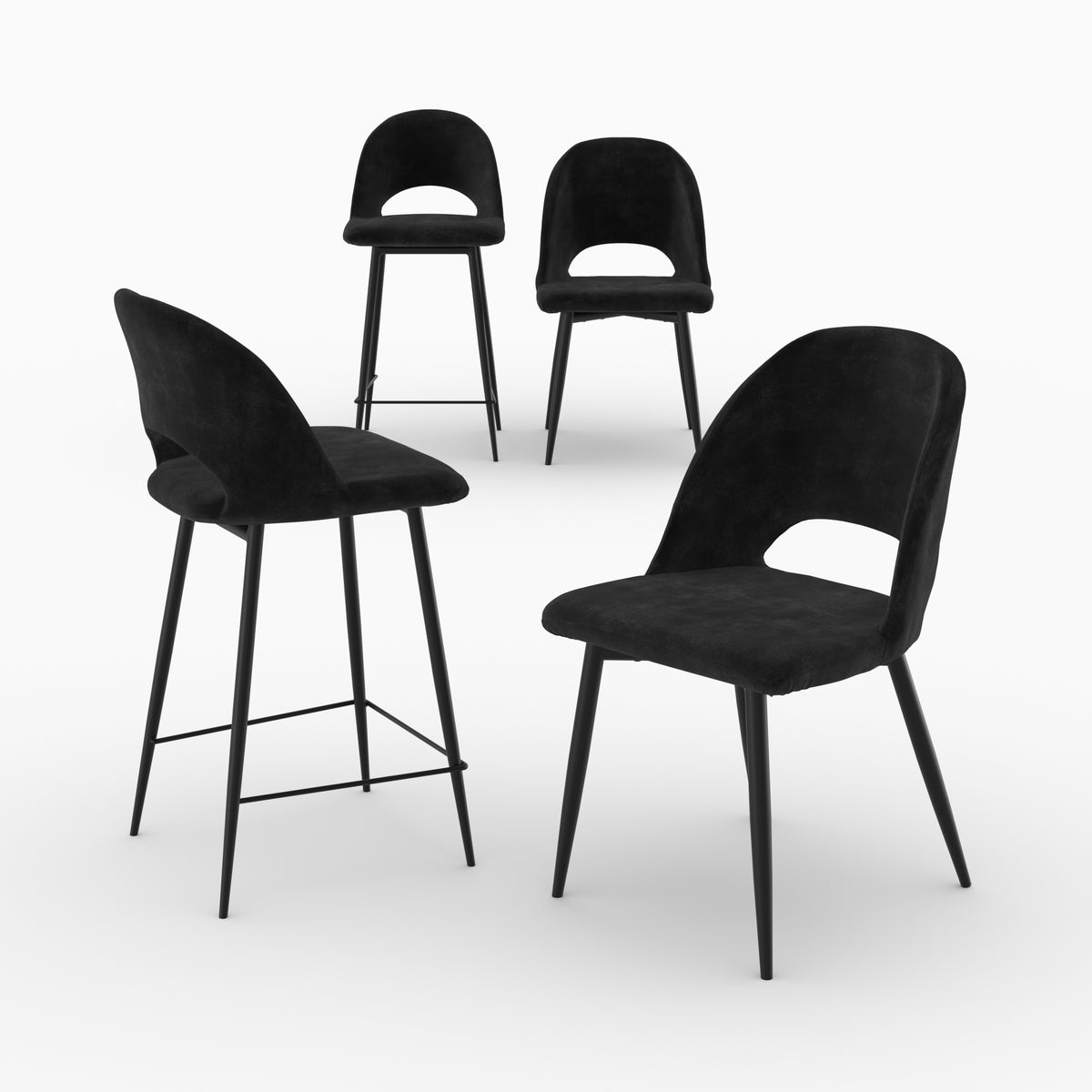 pack de 2 chaises et 2 chaises de bar peneloppe noires en velours