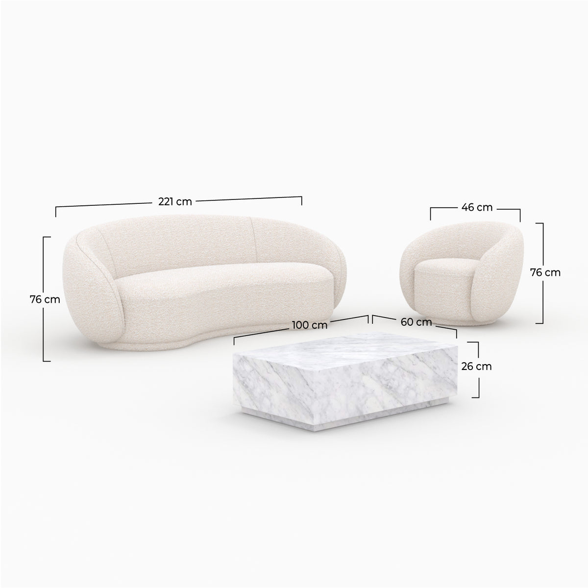 pack fauteuil canape tissu bouclette blanche table basse marbre 4 personnes izae