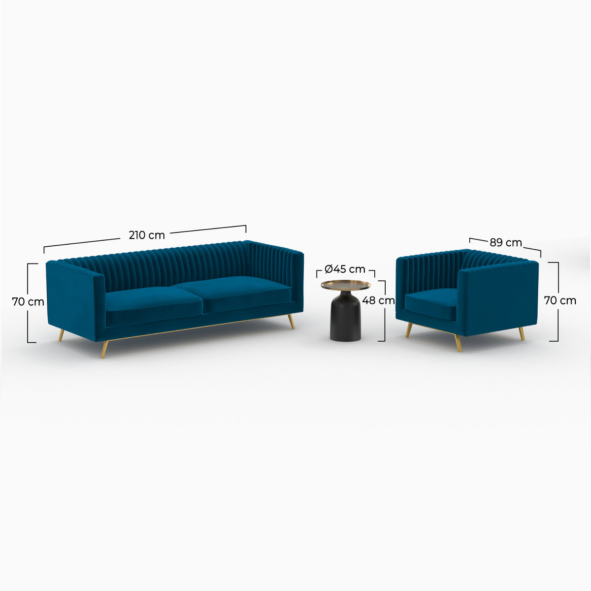 pacchetto salotto velluto blu divano poltrona tavolino gatsby 4 posti