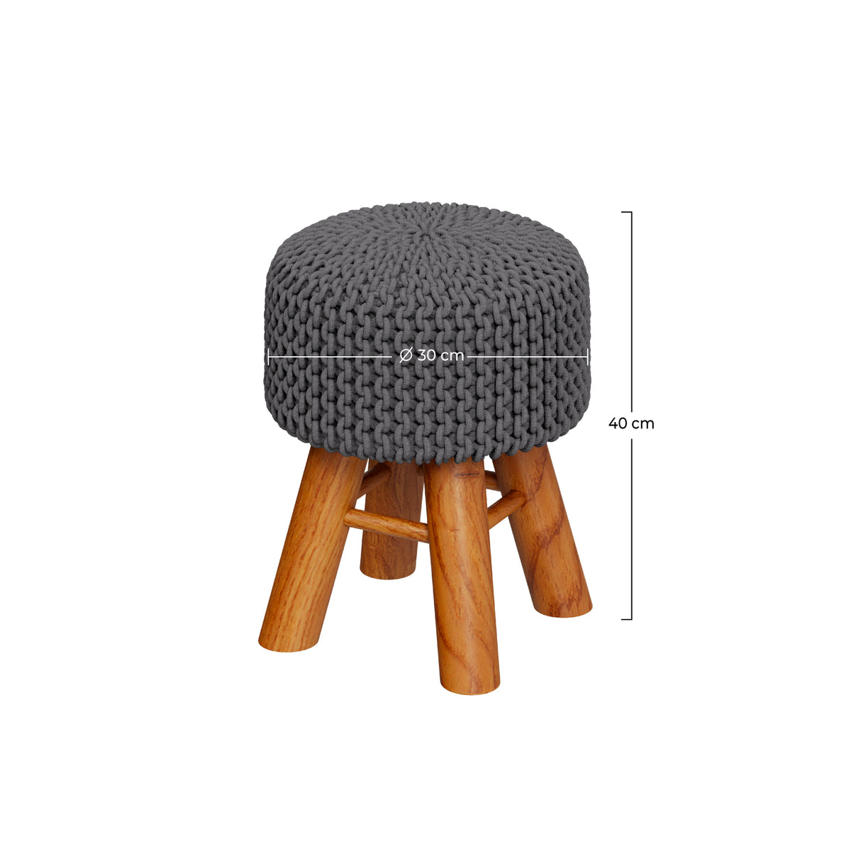 Petit tabouret Lisa rond en tricot coton gris foncé et pieds en bois de mélèze – Maison Pavane