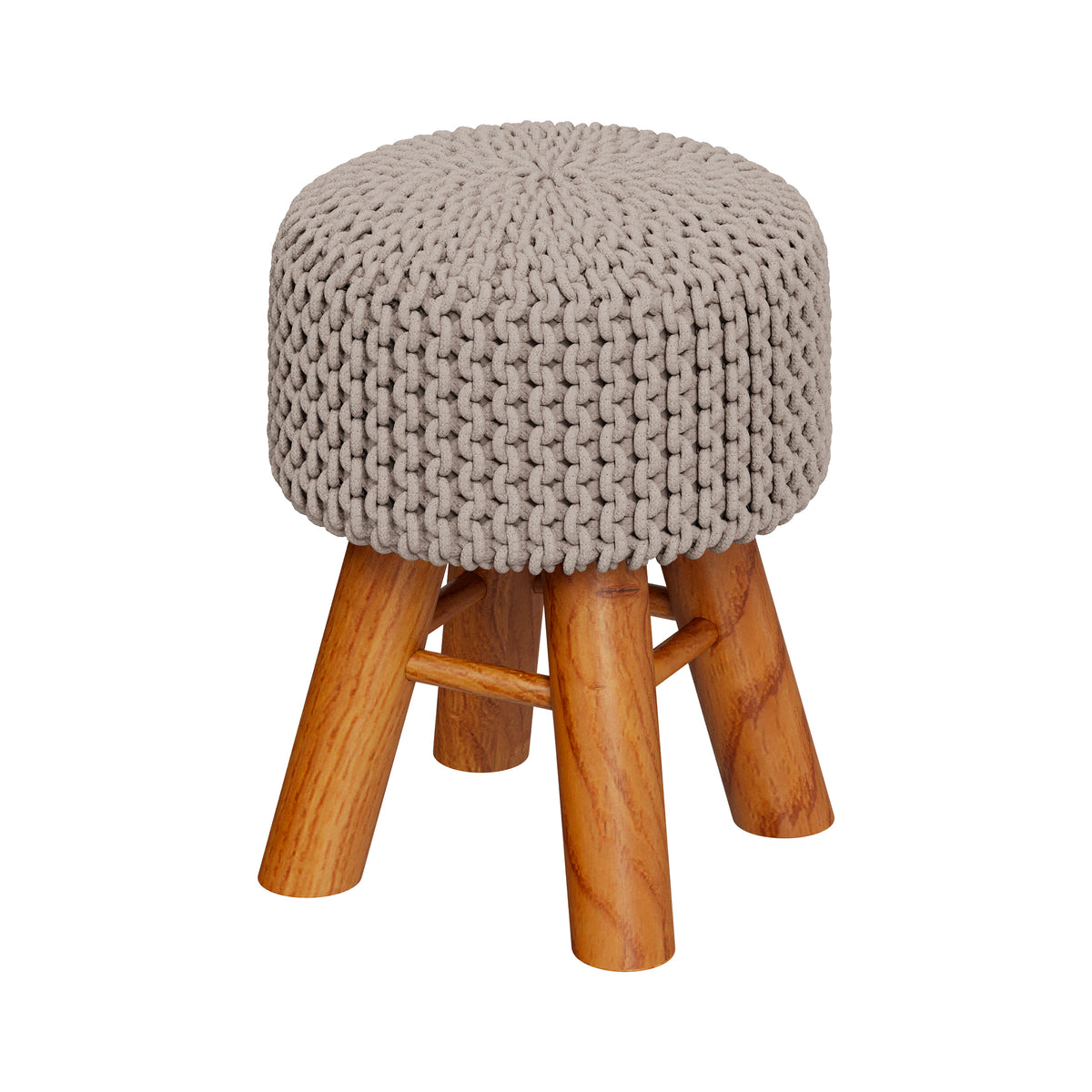 Petit tabouret rond en tricot coton gris clair et pieds en bois de mélèze Lisa – Maison Pavane