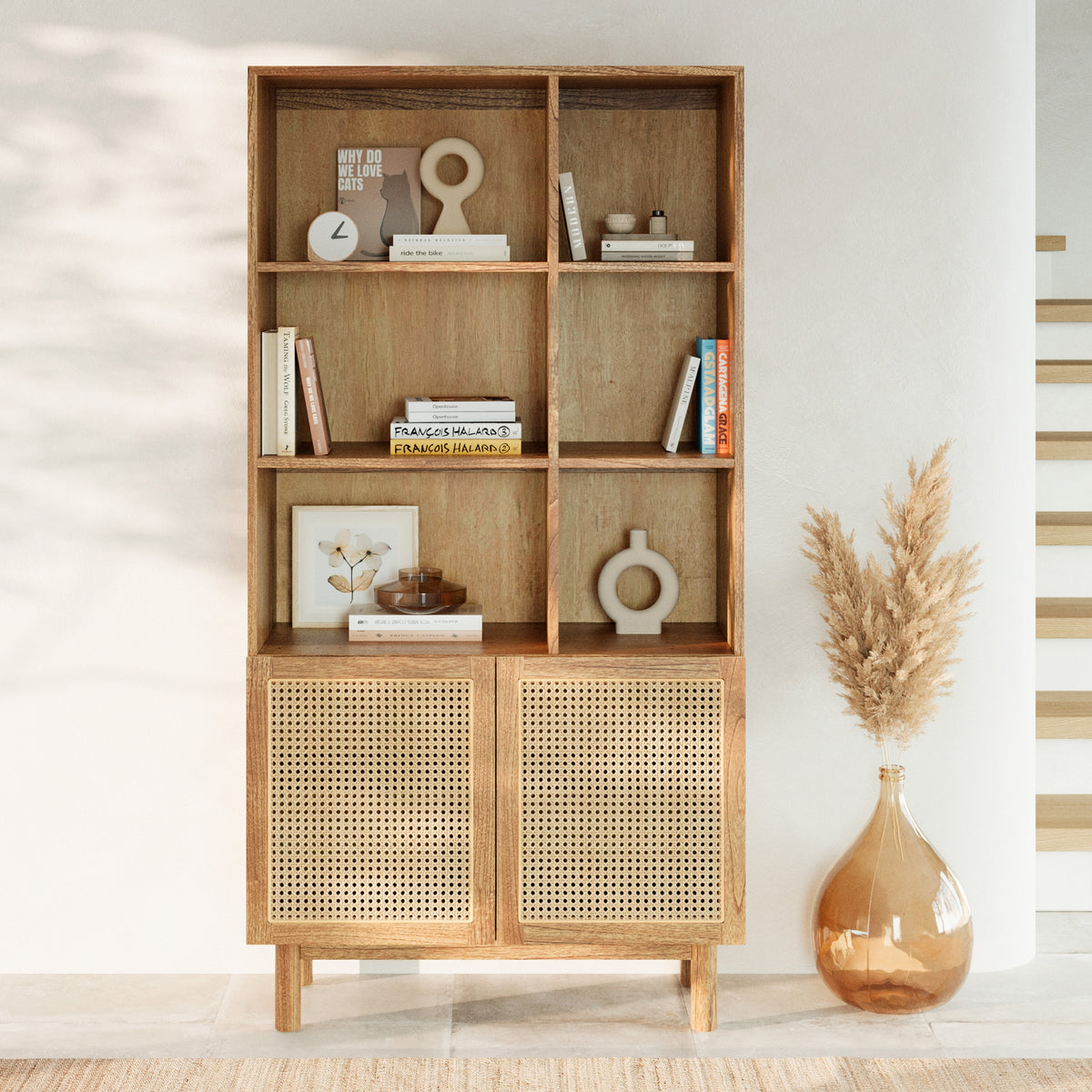 rangement salon bois et rotin delya biblioth_que