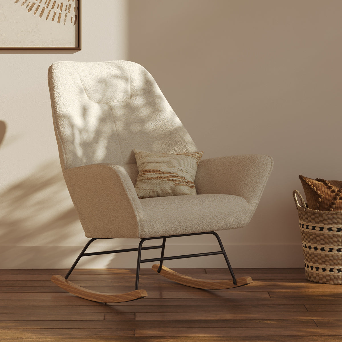 rocking chair en tissu boucle blanc shaun pieds bois metal