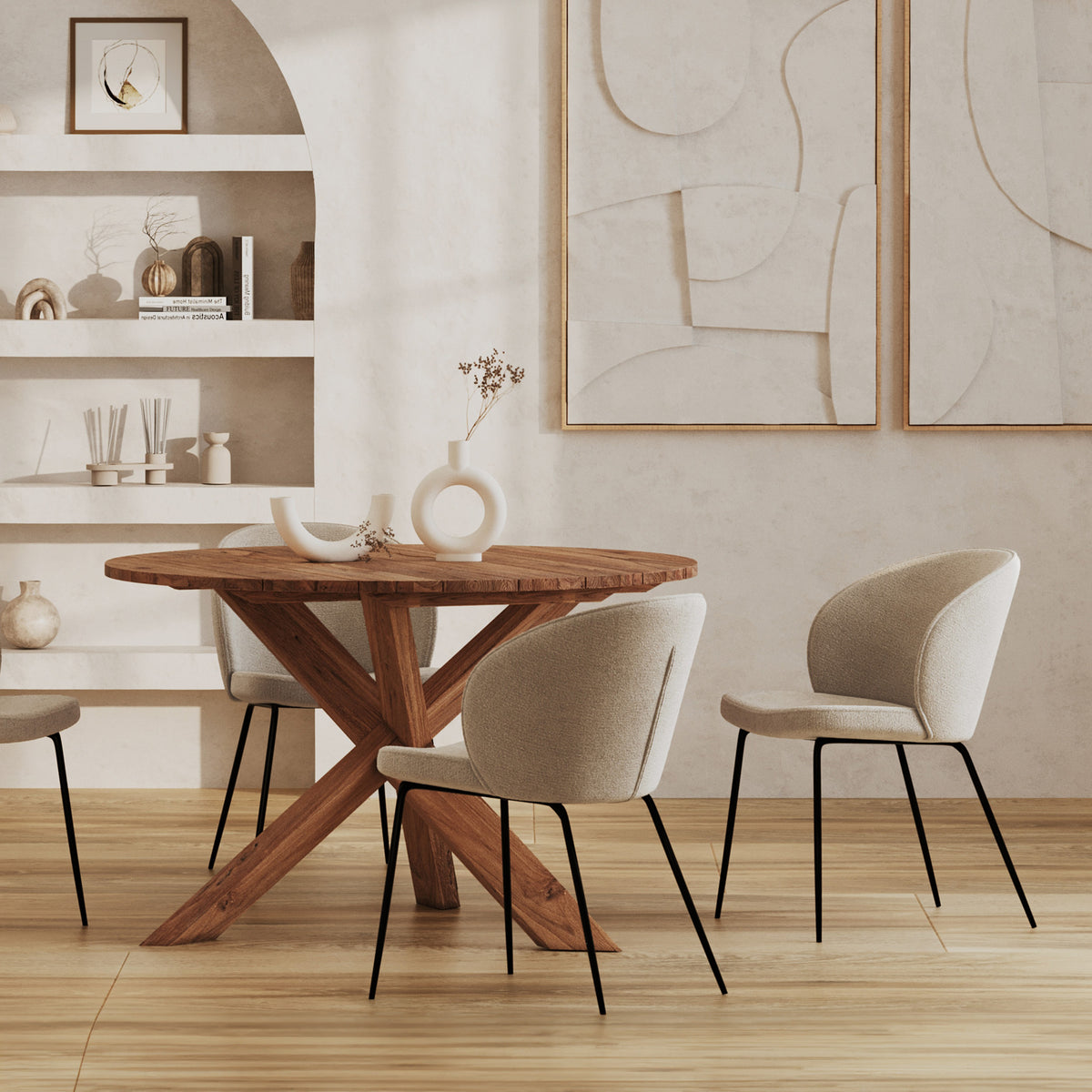 Salle à manger table ronde et chaises beige – Maison Pavane