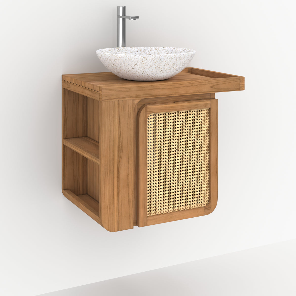 salle de bain meuble suspendu dami en bois de teck et cannage rangement