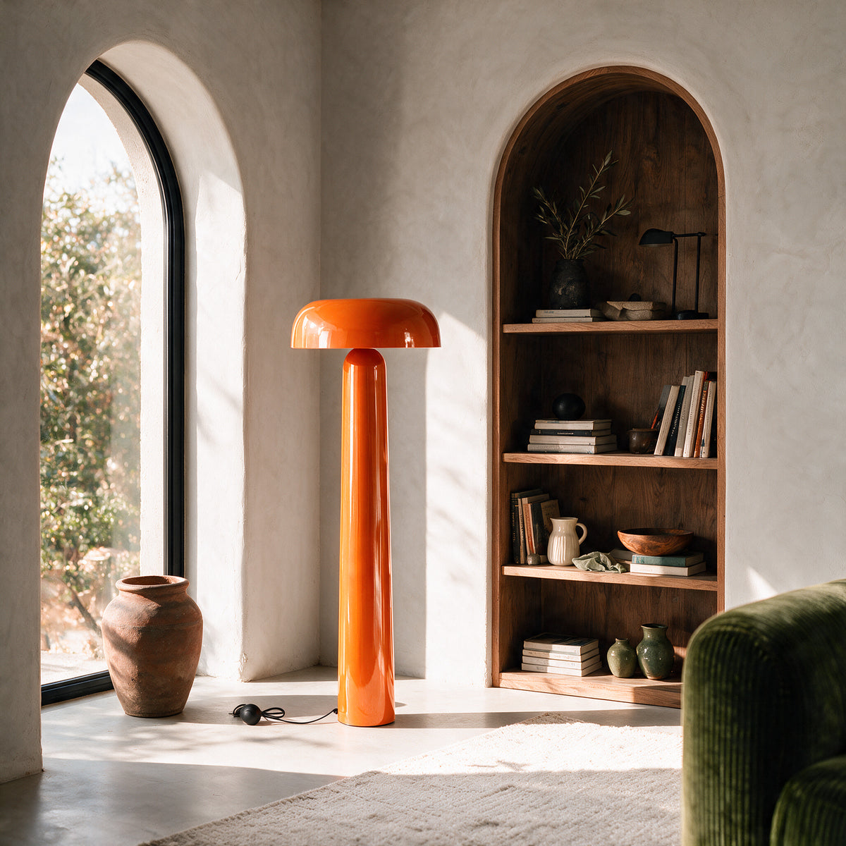 Salon beige crème avec lampadaire orange glossy – Maison Pavane