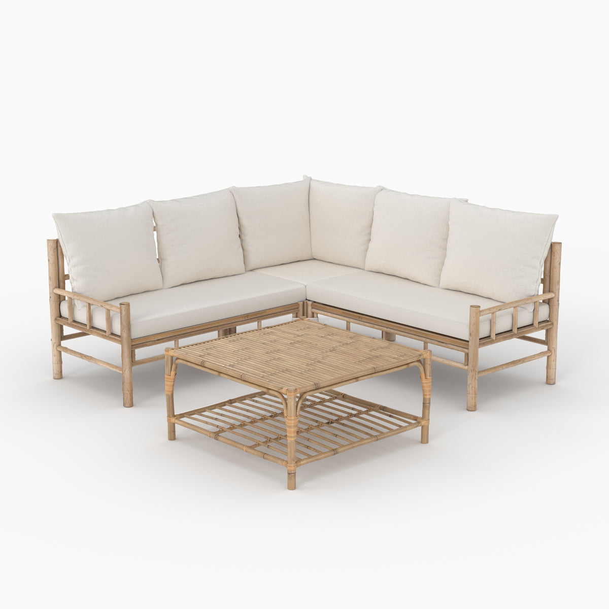 salon de jardin vadella 5 personnes en bambou tissu creme table basse canape angle