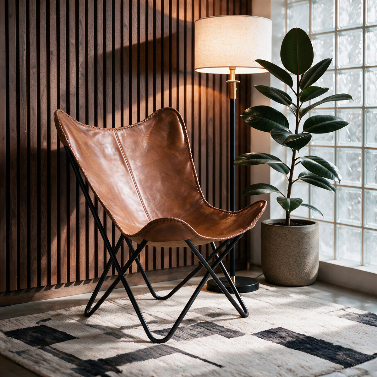 Salon fauteuil papillon en cuir marron pieds croisés noir Octave – Maison Pavane
