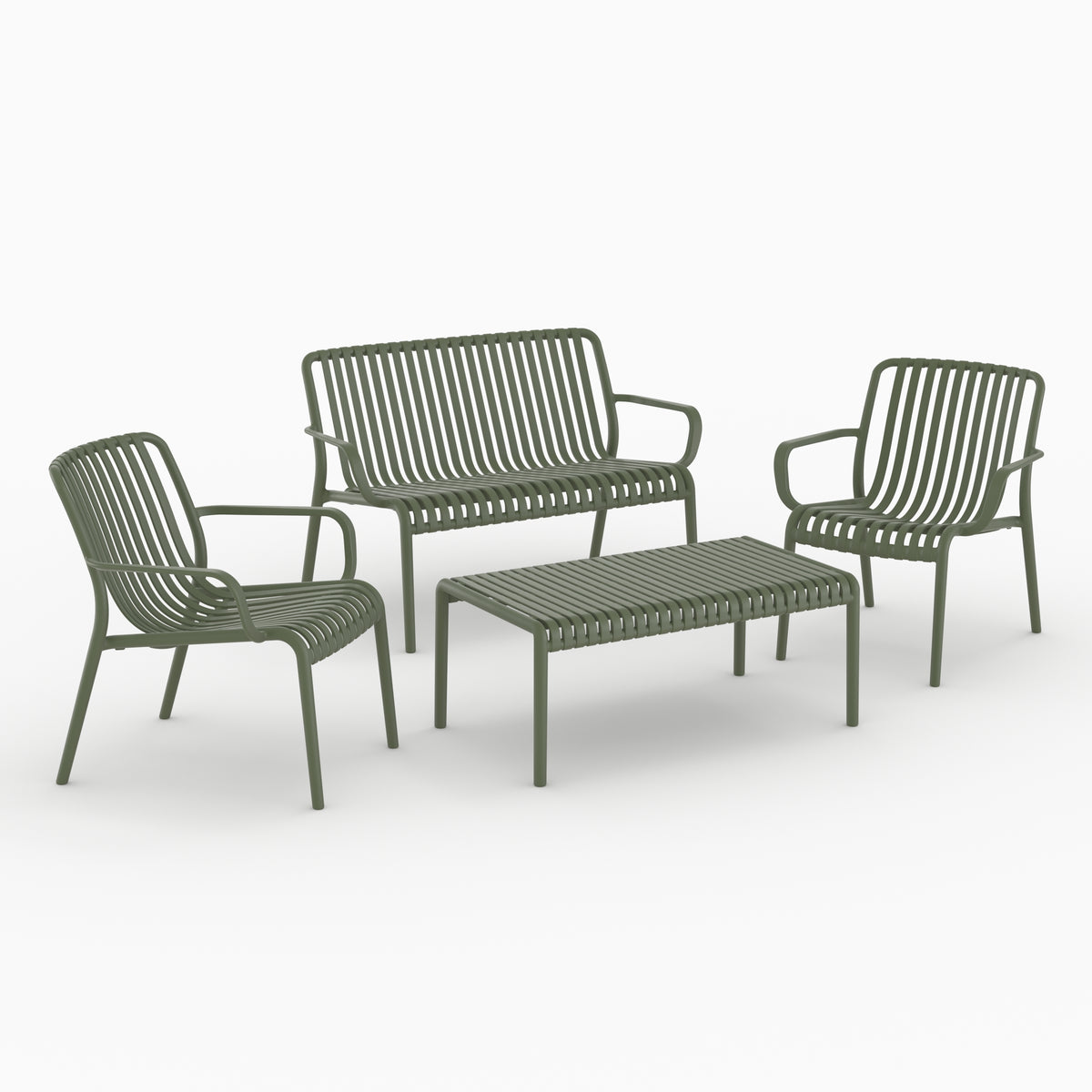 Salon jardin 4 places Ivy plastique vert kaki ensemble vue perspective