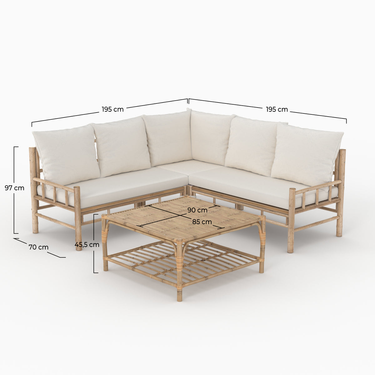 salon jardin 5 personnes en bambou tissu creme table basse canape angle vadella