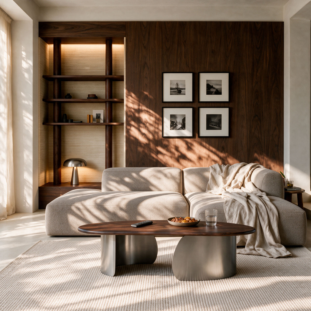 Salon mur noyer canapé modulable table basse bois foncé et métal lampe chrome – Maison Pavane