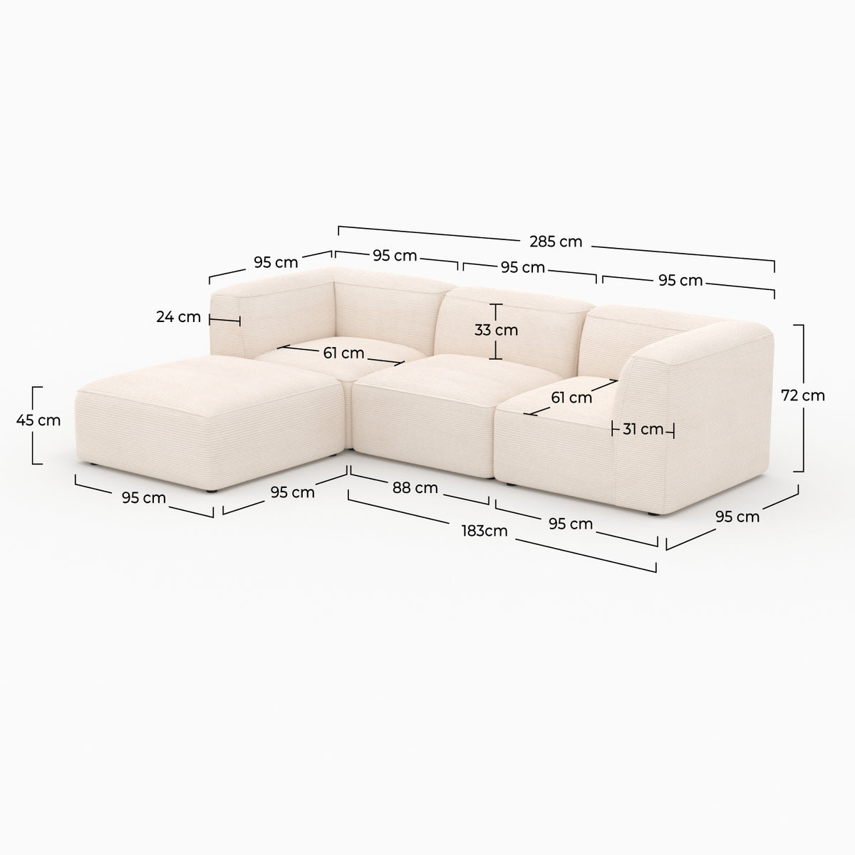 Set salon canapé Mina 3 places velours blanc et pouf