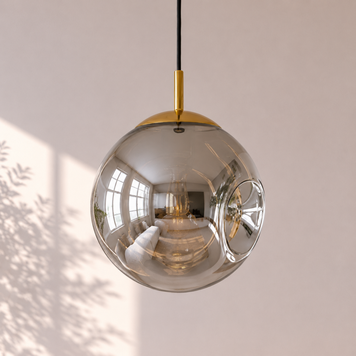 Suspension Brume verre fumé chrome living ambiance – Maison Pavane