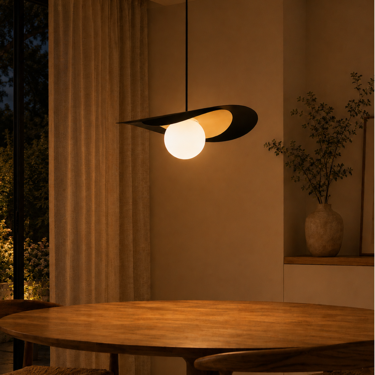 Suspension Iris métal noir doré 50 cm allumée ambiance soir – Maison Pavane