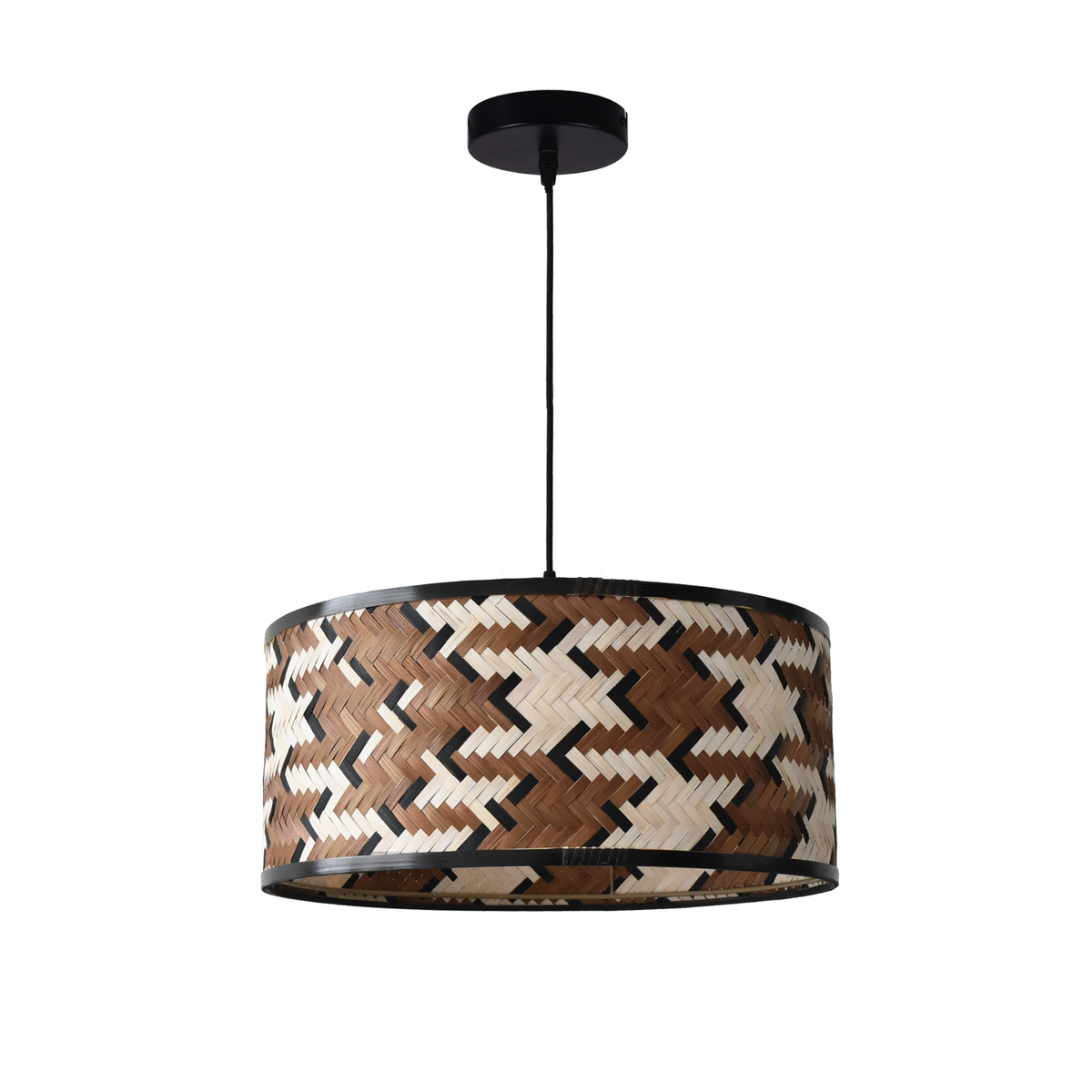 Suspension Phil bambou tressé chevron marron noir crème 50 cm face – Maison Pavane