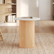 table appoint ronde marbre blanc et bois