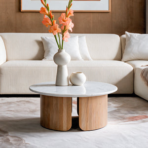 Table basse bois clair marbre blanc canapé velours côtelé Leana – Maison Pavane