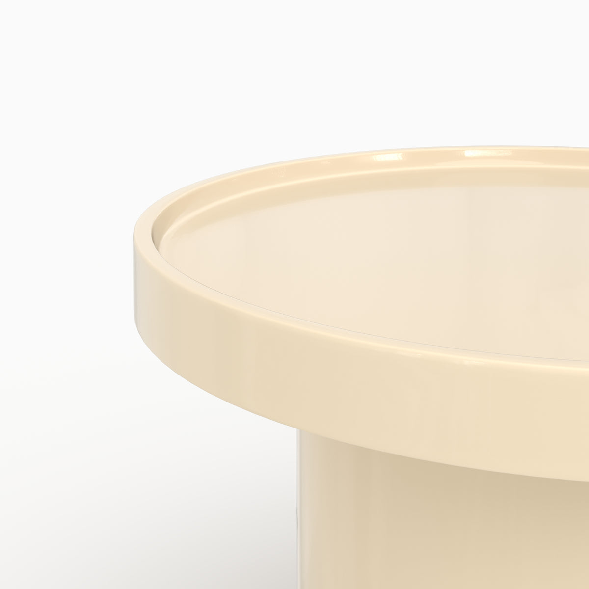 Table basse Nora blanc laiteux laqué brillant D70 détail rebord plateau – Maison Pavane