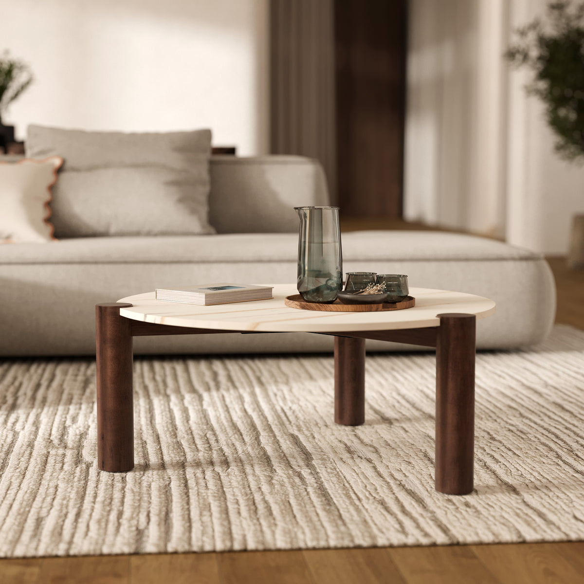 table basse ronde bois fonce marbre blanc
