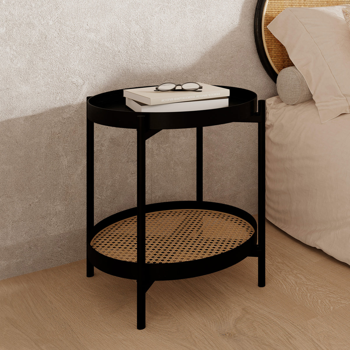 table basse ronde noire et rotin cannage rdv deco