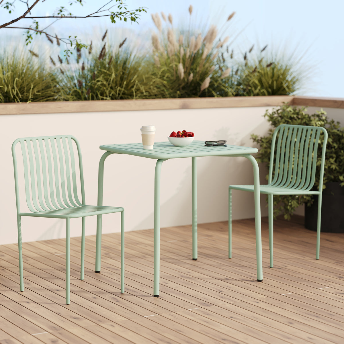 table chaises jardin 2 places vert metal yumi