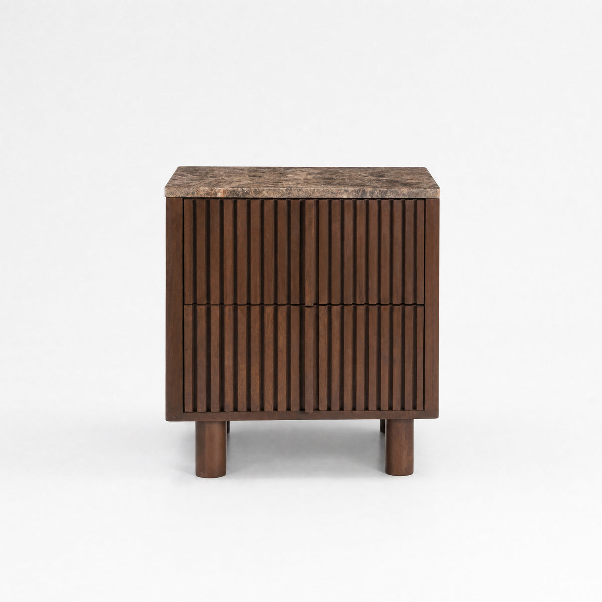 Table de chevet Flavio en bois de manguier et plateau en marbre, vue de face - Maison Pavane