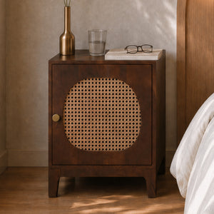 Table de chevet en bois foncé cannage – Maison Pavane