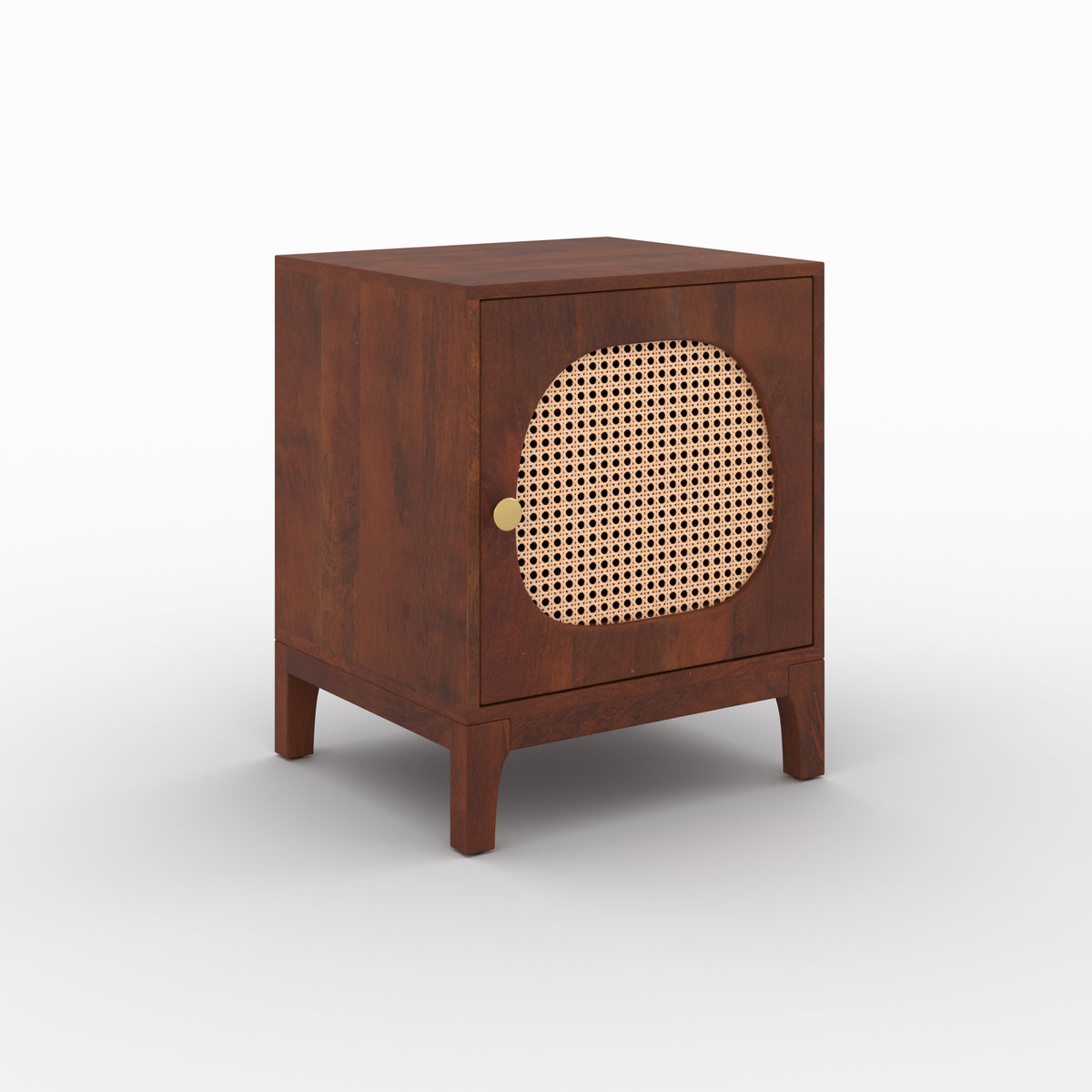 Table de chevet Lanka bois de manguier cannage laiton trois quarts avant – Maison Pavane
