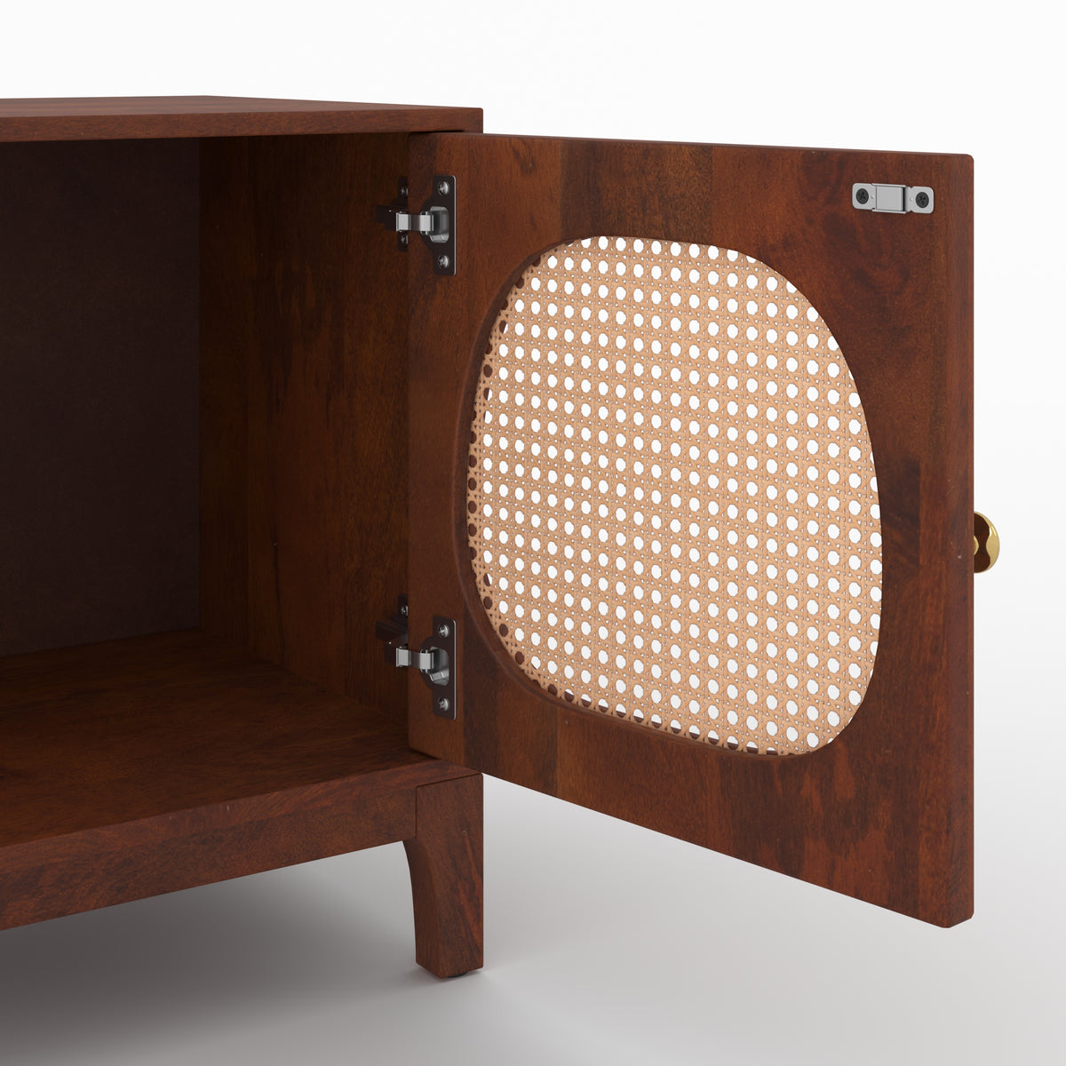 Table de chevet Lanka manguier cannage détail porte ouverte – Maison Pavane