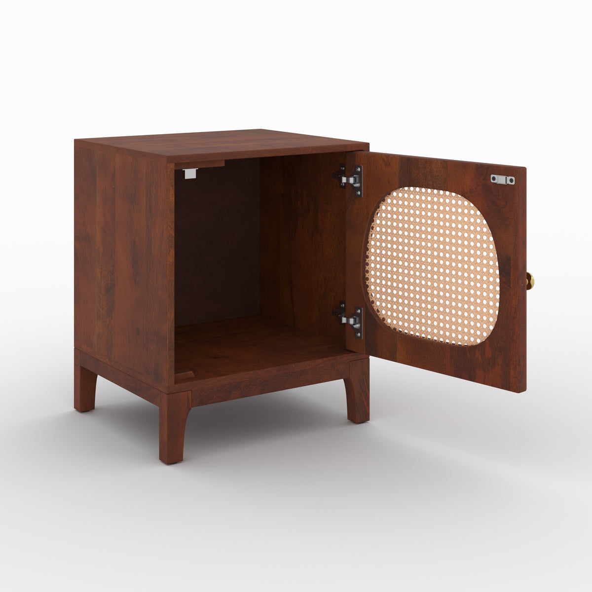 Table de chevet Lanka manguier cannage porte ouverte intérieur trois quarts – Maison Pavane