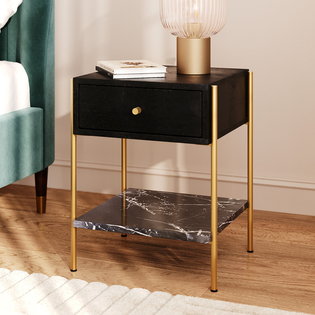 table de chevet marbre noir pieds dores doori