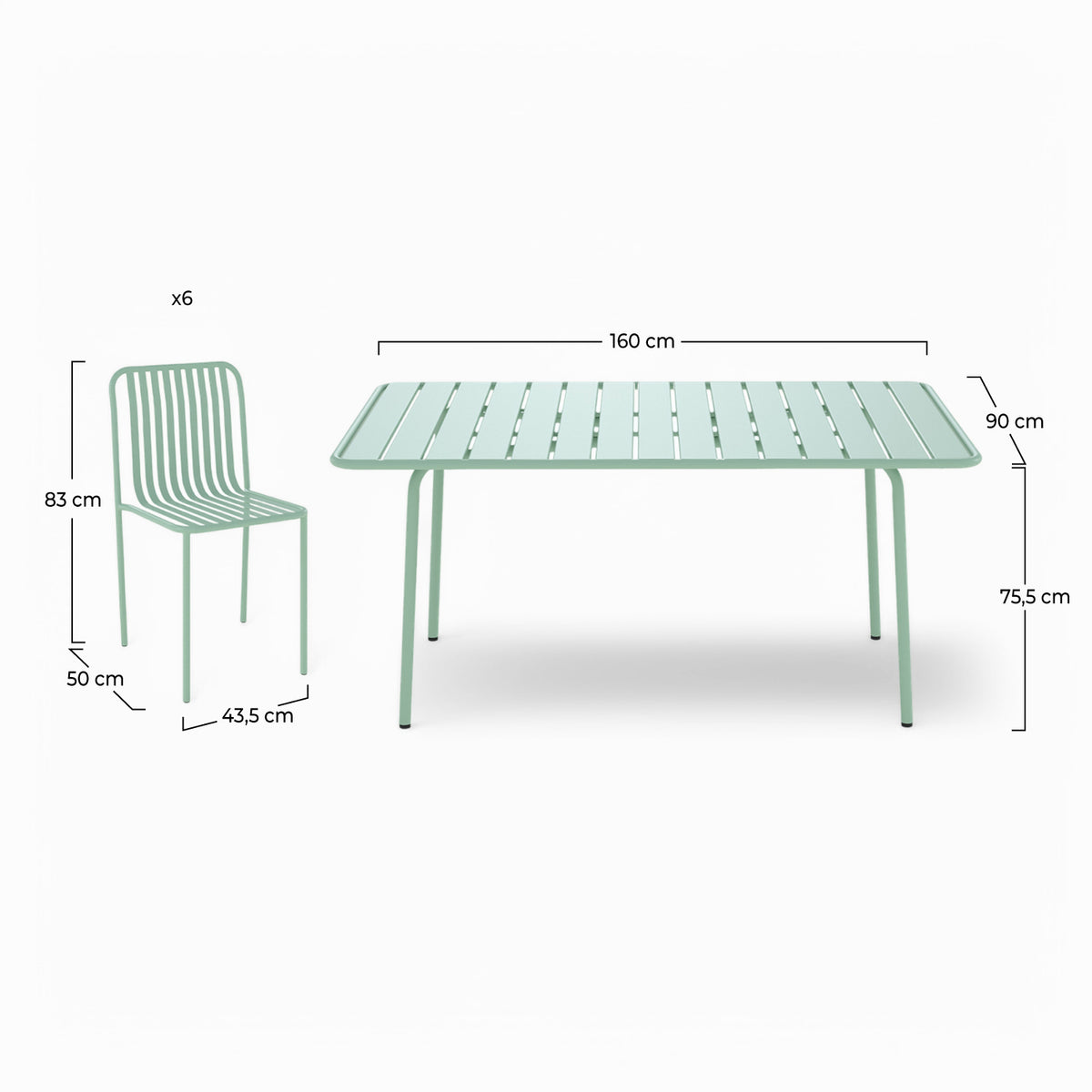 table et chaises de jardin yumi 6 places en metal vert