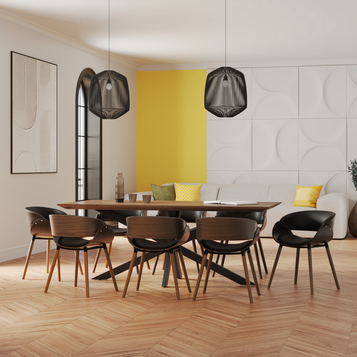 table et chaises pour 8 personnes en cuir noir et bois