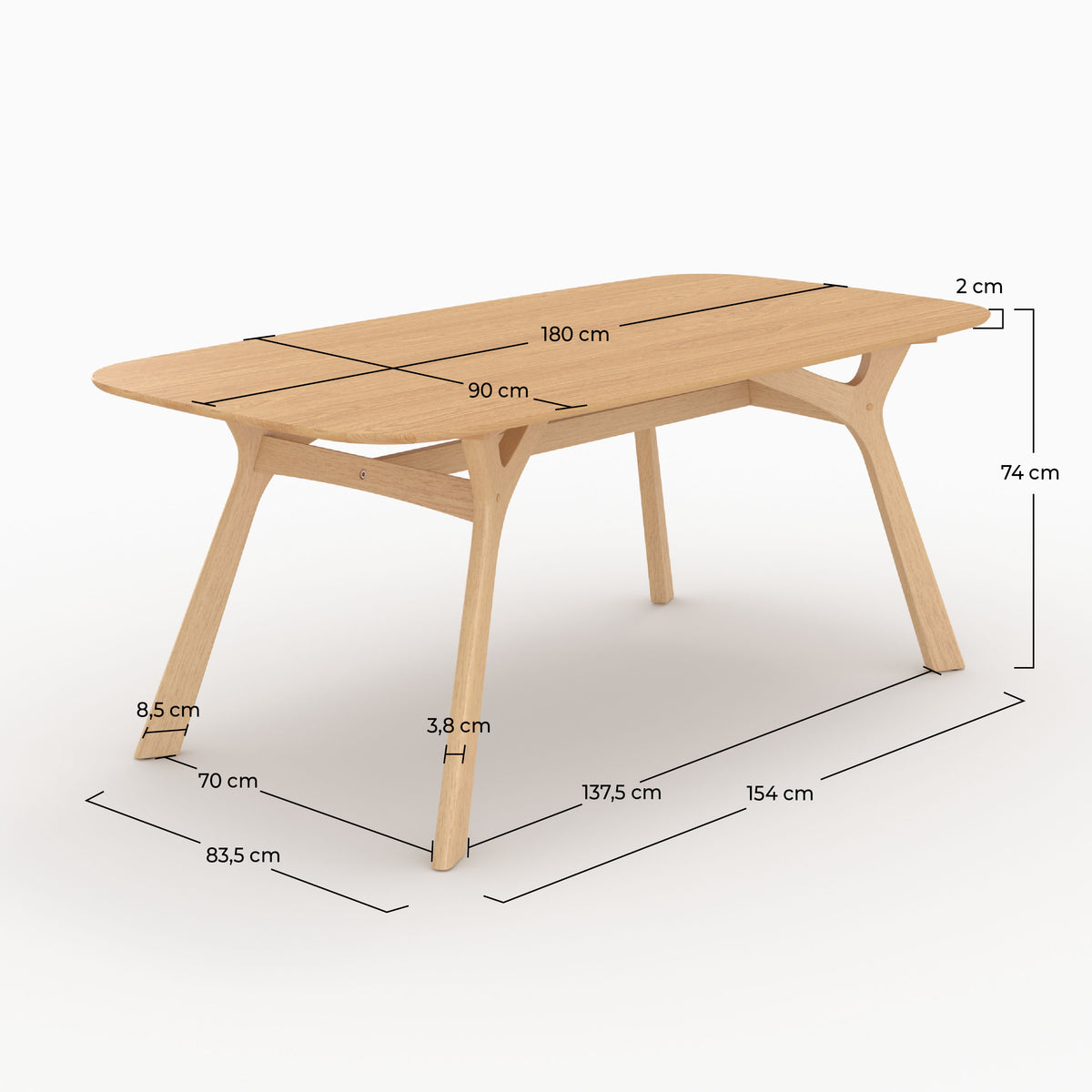 Table rectangulaire Paula chêne naturel 180 cm dimensions – Maison Pavane