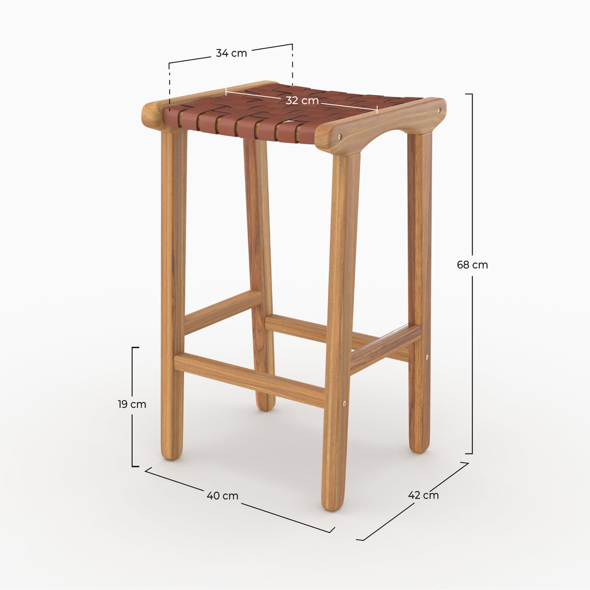 Dimensions du tabouret de bar mi-hauteur Kuna en teck et cuir tressé marron 68 cm - Maison Pavane