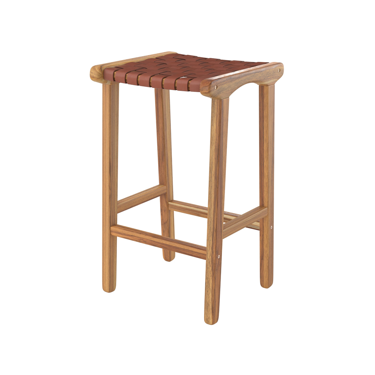 Tabouret de bar mi-hauteur Kuna en teck et cuir tressé marron 68 cm sur fond blanc - Maison Pavane
