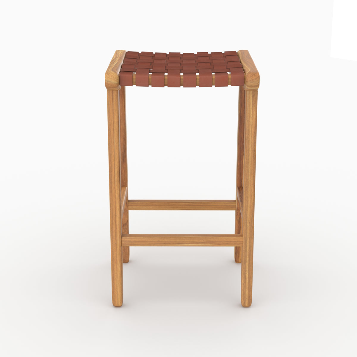 Tabouret de bar mi-hauteur Kuna en teck et cuir tressé marron 68 cm vu de face - Maison Pavane