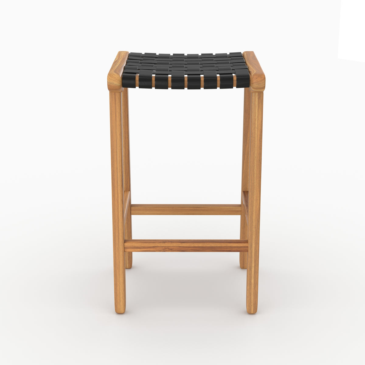 Tabouret de bar mi-hauteur Kuna en teck et cuir tressé noir 68 cm vu de face - Maison Pavane