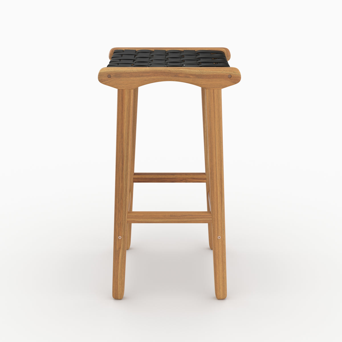 Tabouret de bar mi-hauteur Kuna en teck et cuir tressé noir 68 cm vu de profil - Maison Pavane