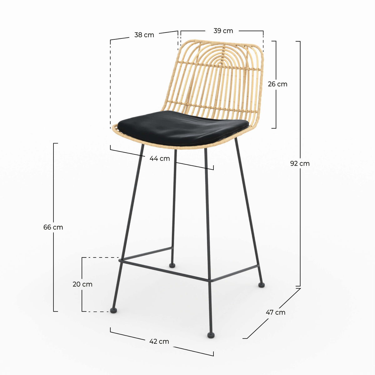 tabouret de bar 66 cm en rotin naturel goa coussin noir