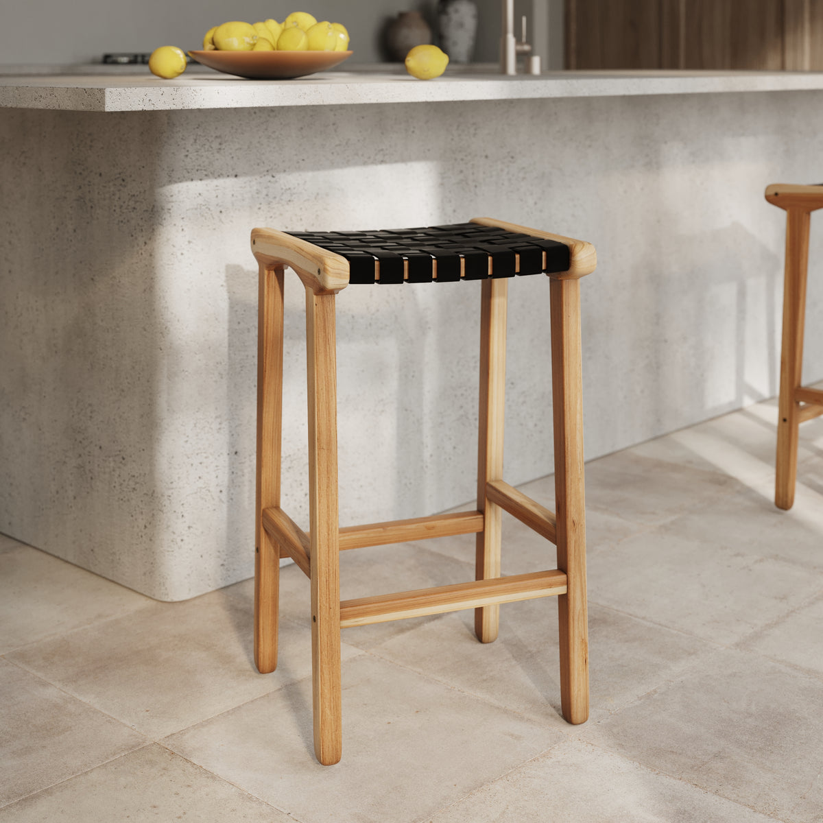 tabouret de bar kuna bois et cuir tresse 68 cm