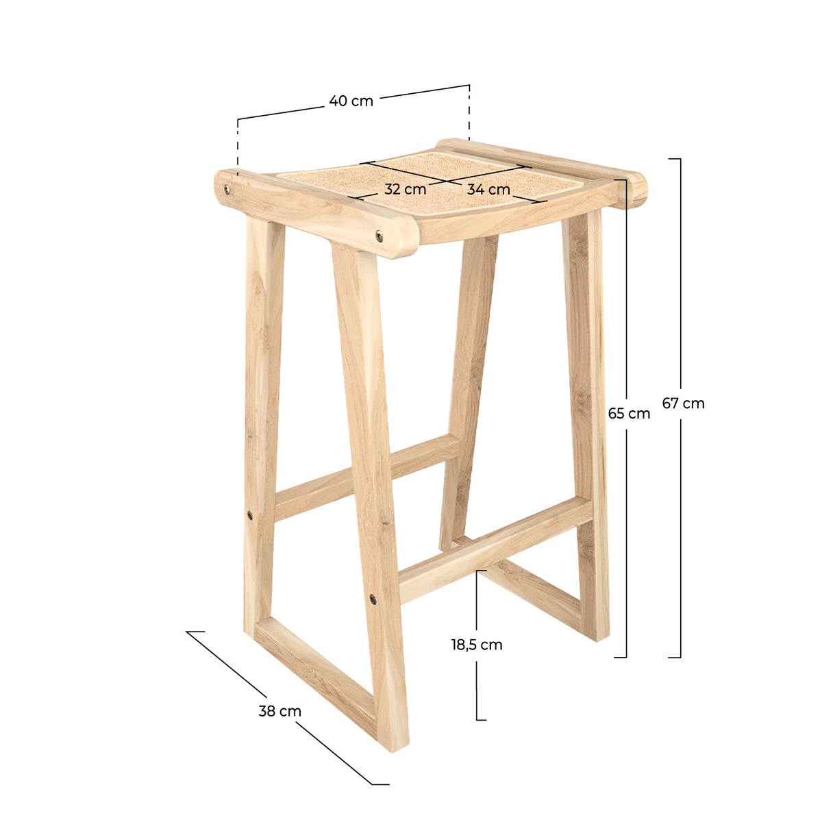 Taburete de bar de teca y ratán natural Haida 66 cm