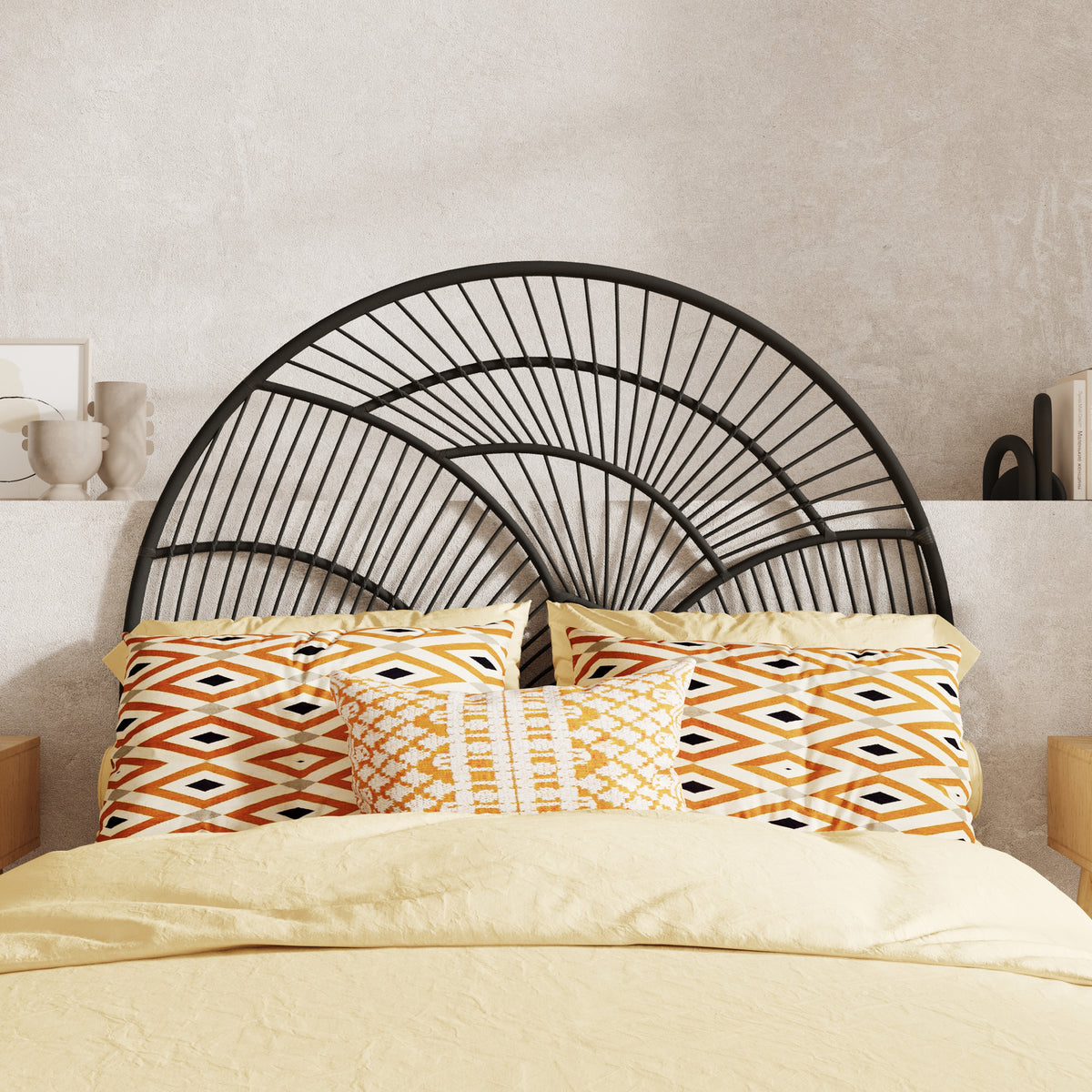 tete de lit rotin noir arrondie 140 cm selene