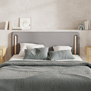 testiera in tessuto grigio e legno duo materiale