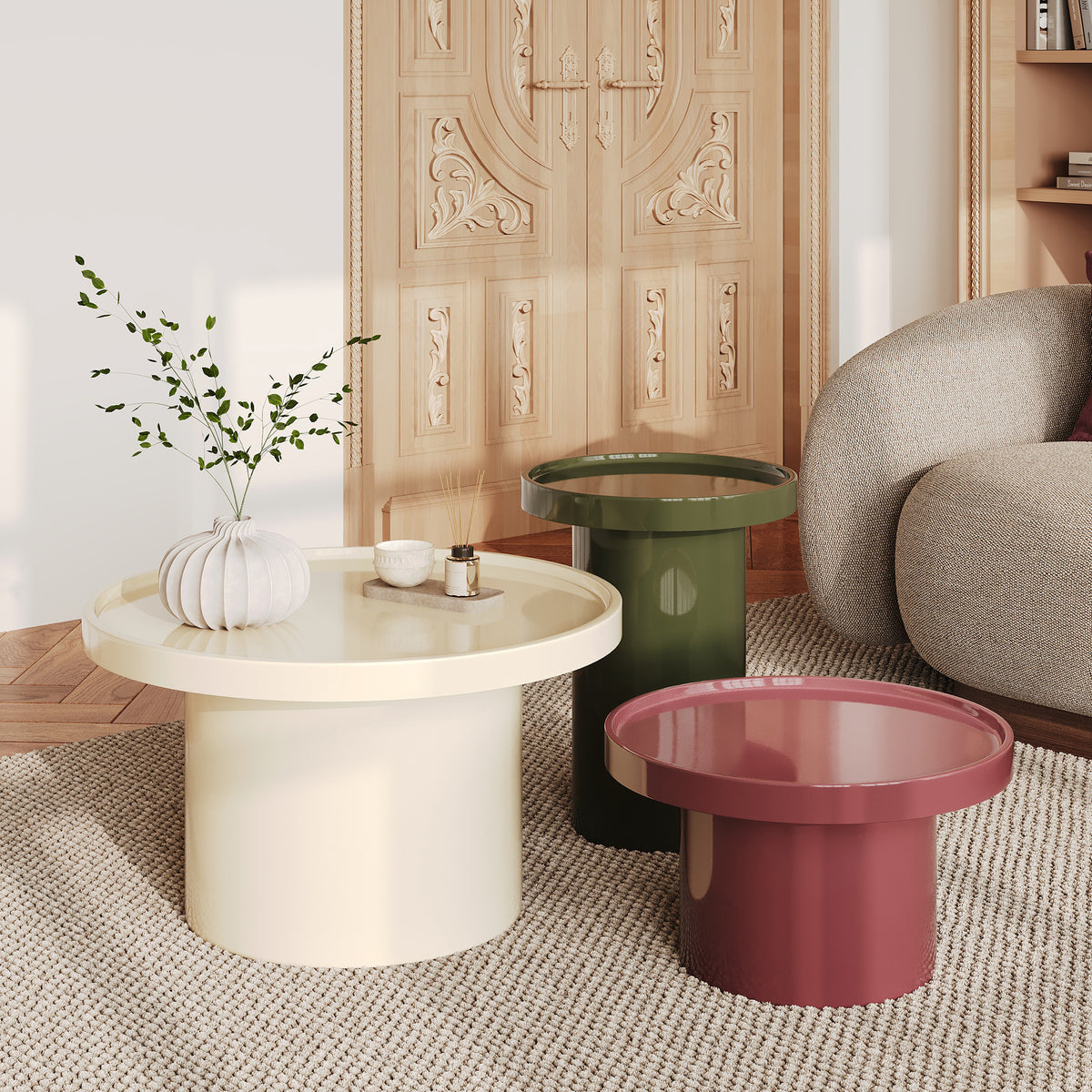 Trio de tables basses blanche kaki et rouge framboise glossy – Maison Pavane
