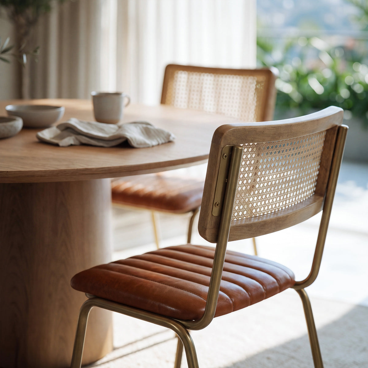 Vue de dos dossier cannage assise cuir marron – Maison Pavane
