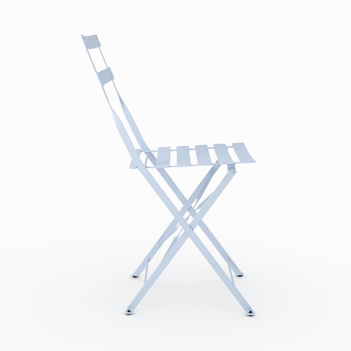 Vue ensemble lot de 2 chaises de jardin Kayla en métal bleu pastel pliantes